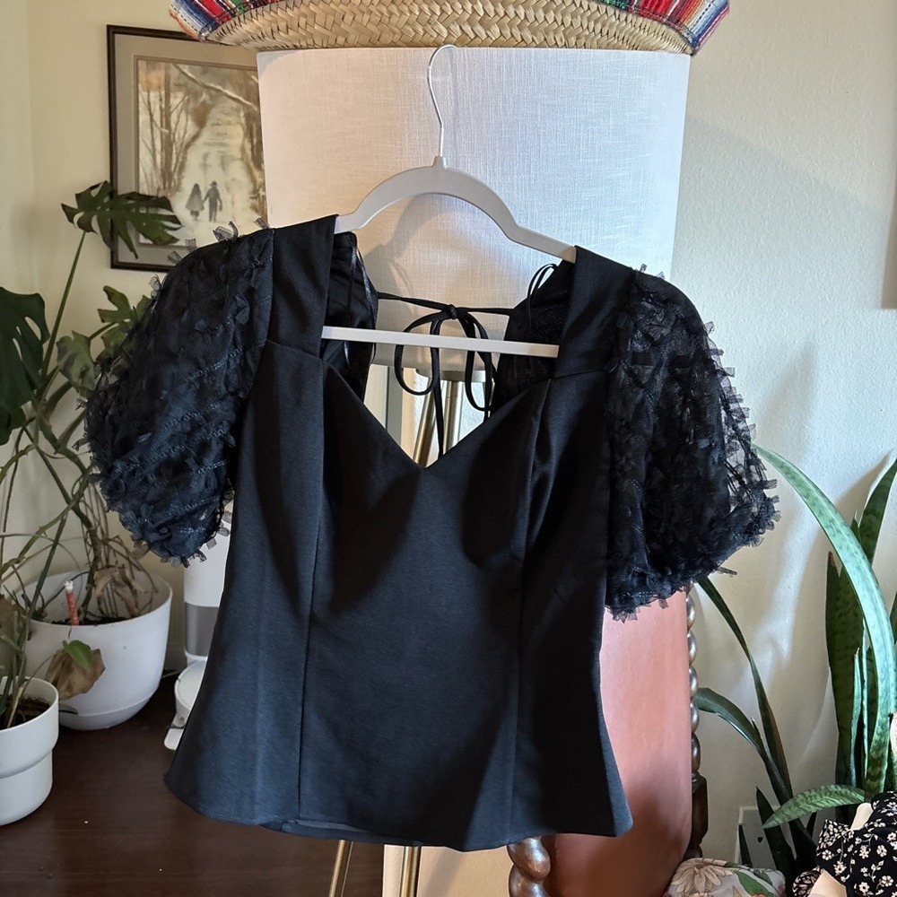 Chic Black Blouse with Lace Puff Sleeves